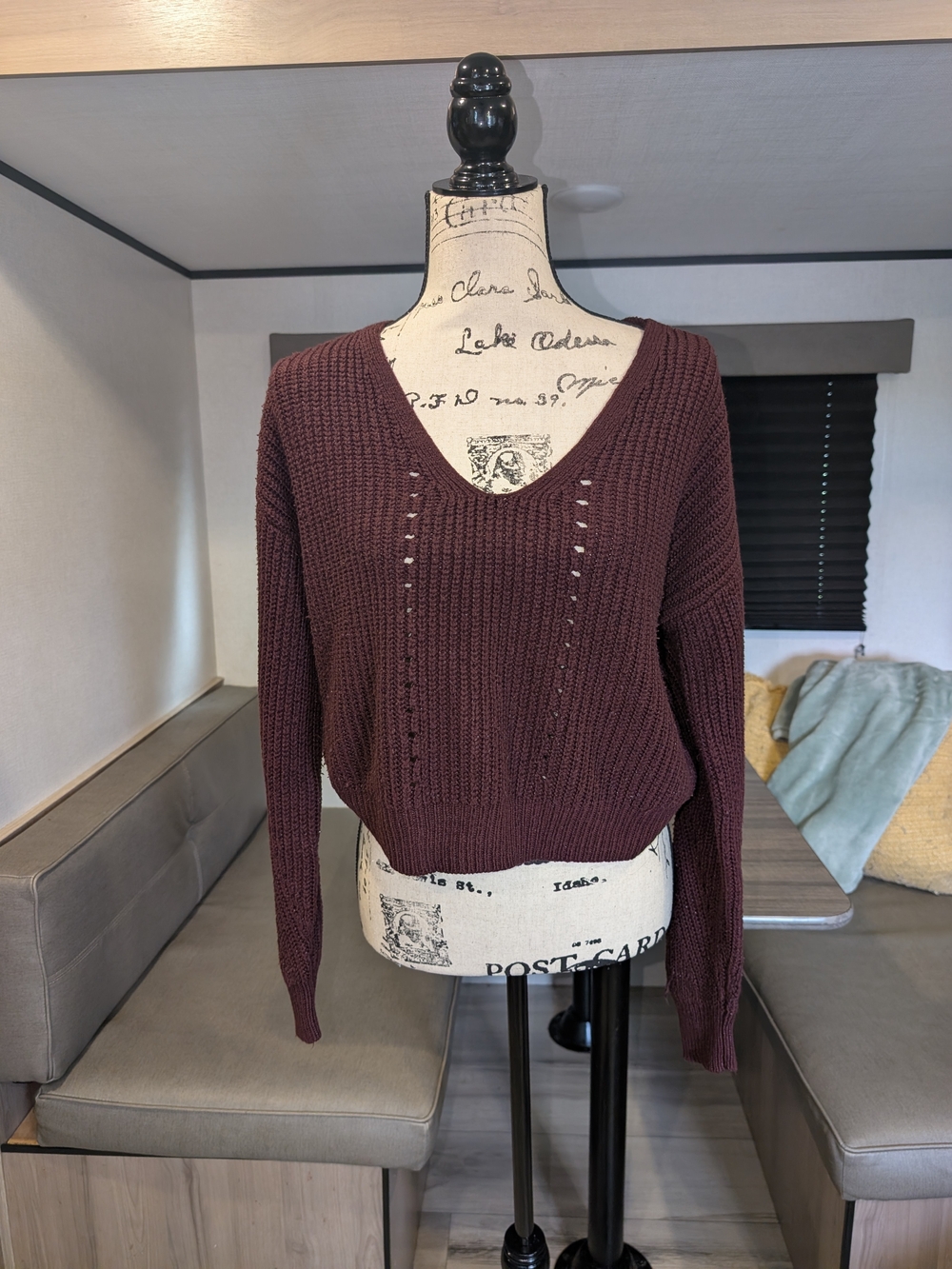Aeropostale Women’s V-Neck Knit Sweater - Deep Burgundy